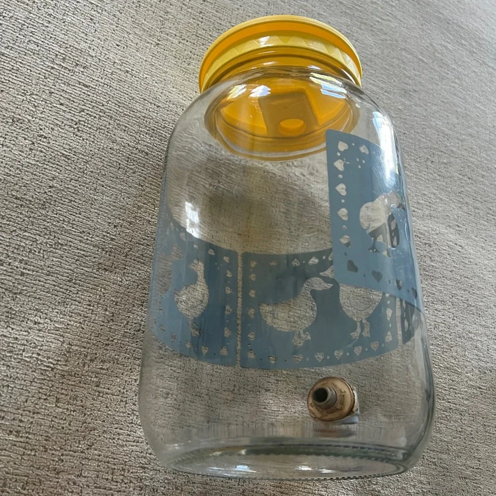Vintage Glass Sun Tea Jar 1 Gallon‎ Blue Kissing Ducks Hearts Yellow Flip Lid